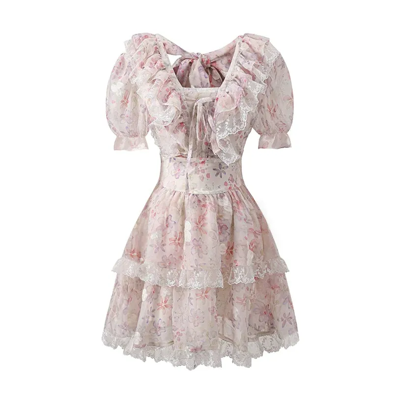 Sweet Romantic Lace Ruffle Waist Dress