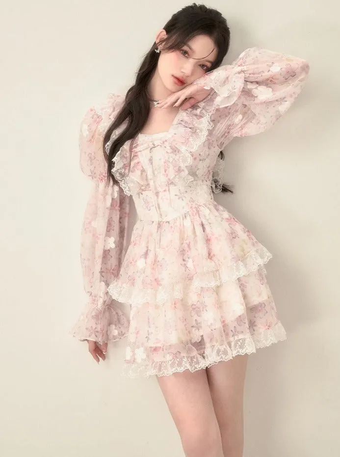 Sweet Romantic Lace Ruffle Waist Dress