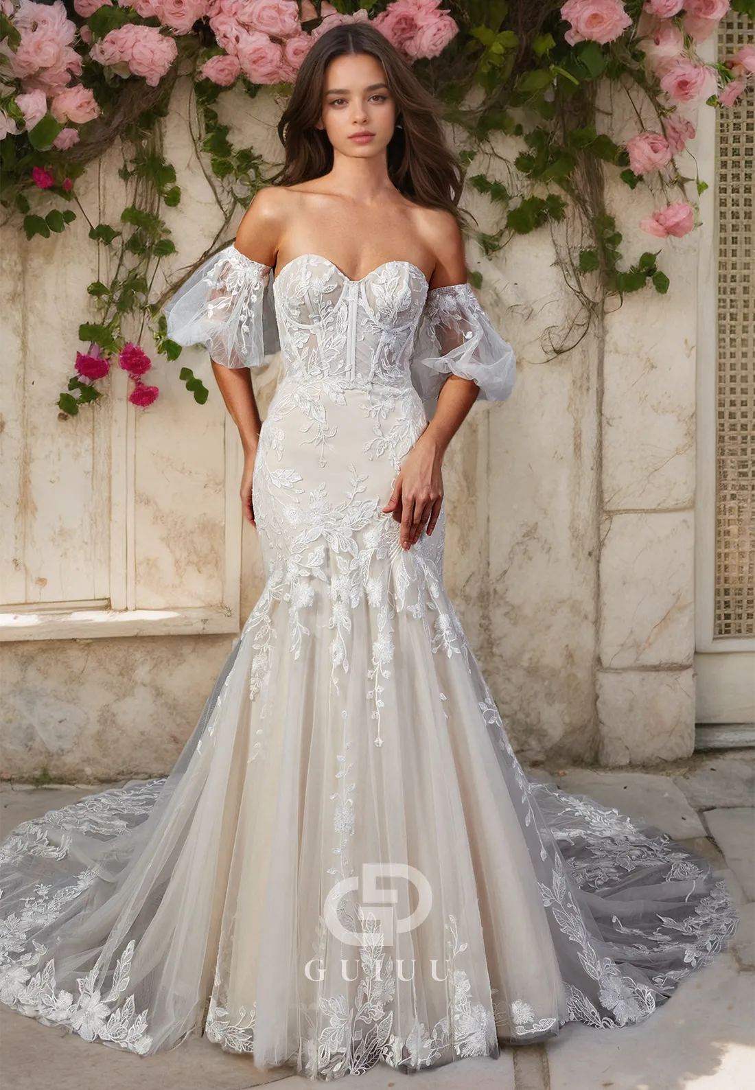 Sweetheart Sweep Train Ornate Wedding Dress with Buttons and Lace Appliques