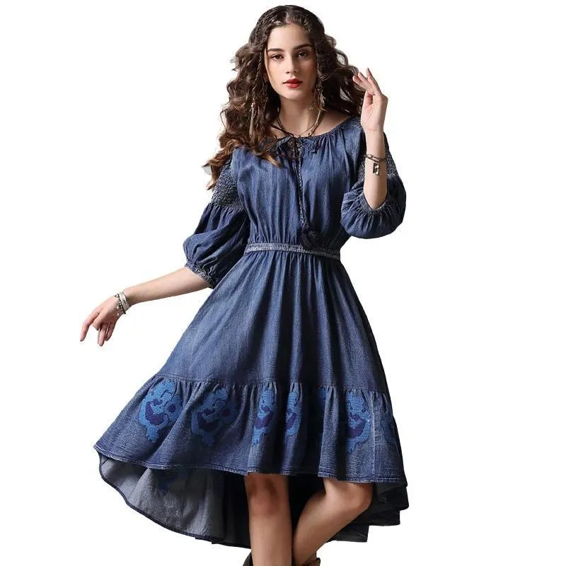 Three Quarter Sleeve A-Line Asymmetrical Women Dress