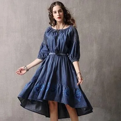 Three Quarter Sleeve A-Line Asymmetrical Women Dress