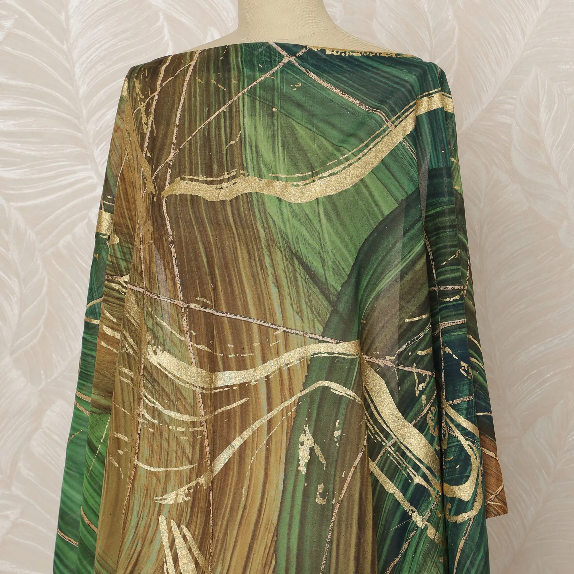 Traditional Somali Dirac Premium Italian Pure Cotton Voile Fabric with Gold Metallic Foil in Green and Brown, 3.25 Meters, 140 cm Width-D20616