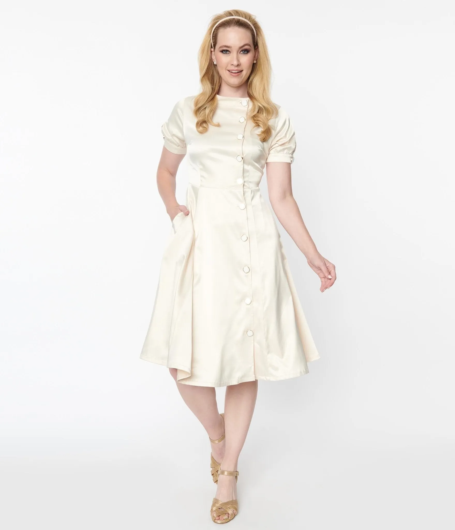 Unique Vintage Ivory Satin Button Bridal Swing Dress