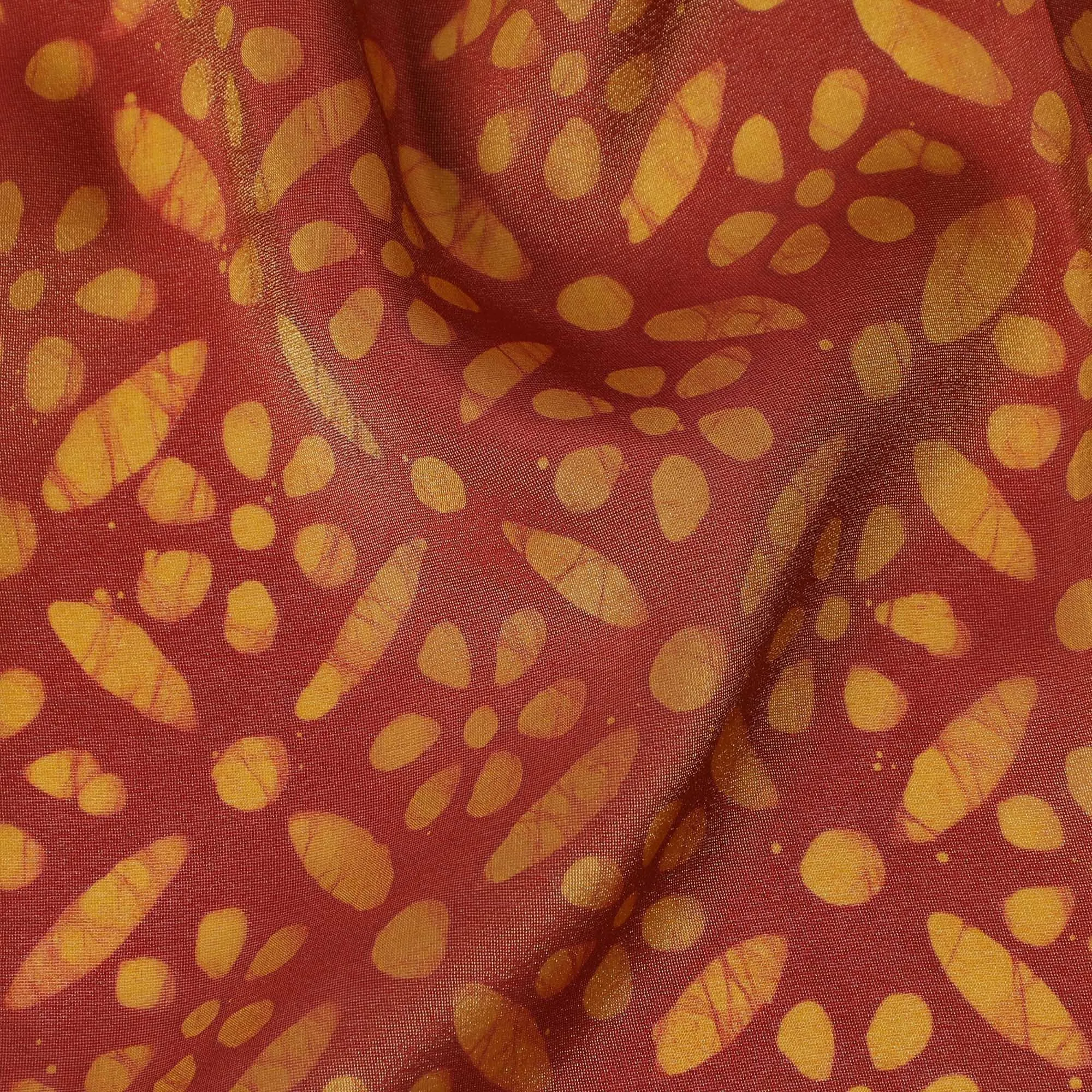 Vibrant Tangerine Organza Fabric - Golden Dotted Abstract Print, 110cm Width, Shimmering Light Texture-D18946