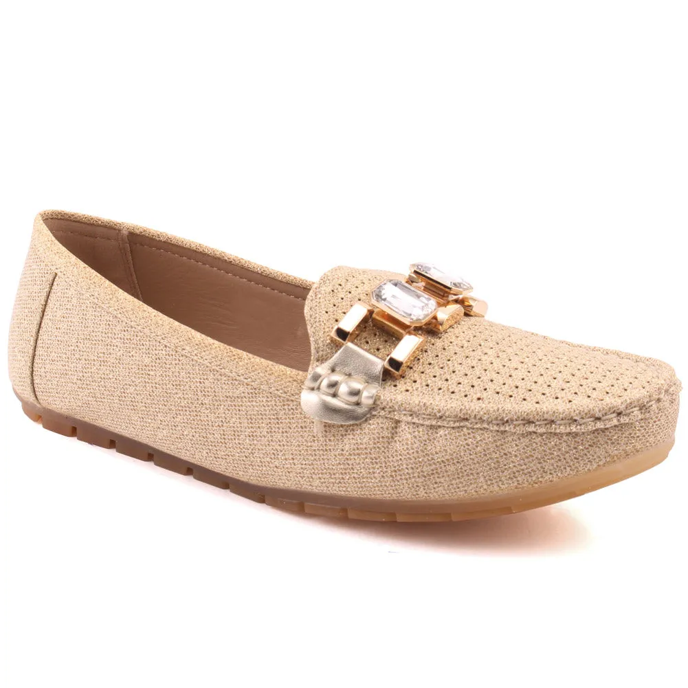 Women "DAHLIA" Perforated  Vamp Shimmer Textured Chain Buckle Slip On Casual Moccasins