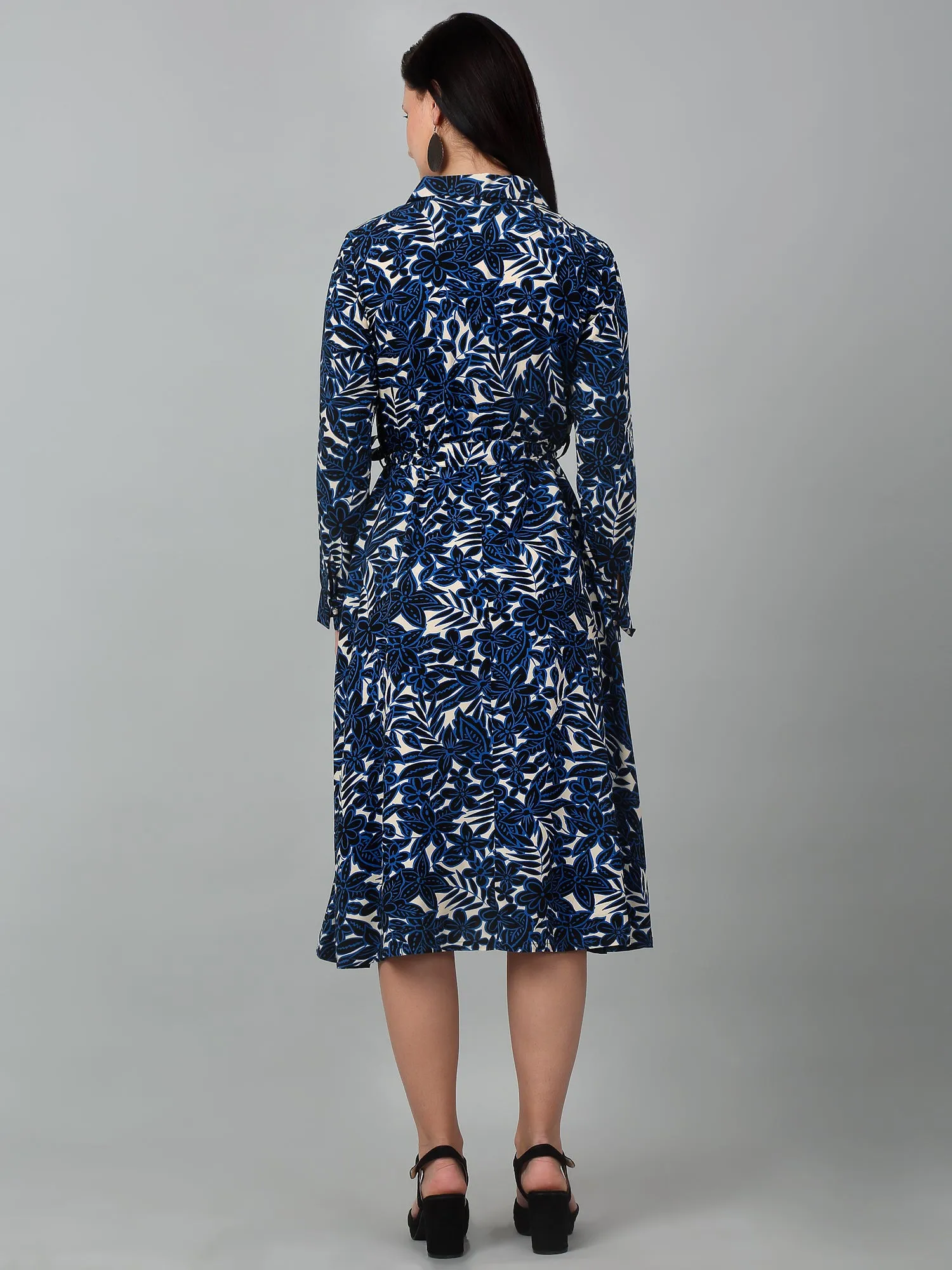 Women's Blue Floral Printed Full Sleeves Casual Dress