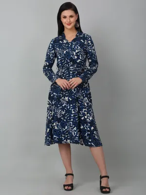 Women's Blue Floral Printed Full Sleeves Casual Dress