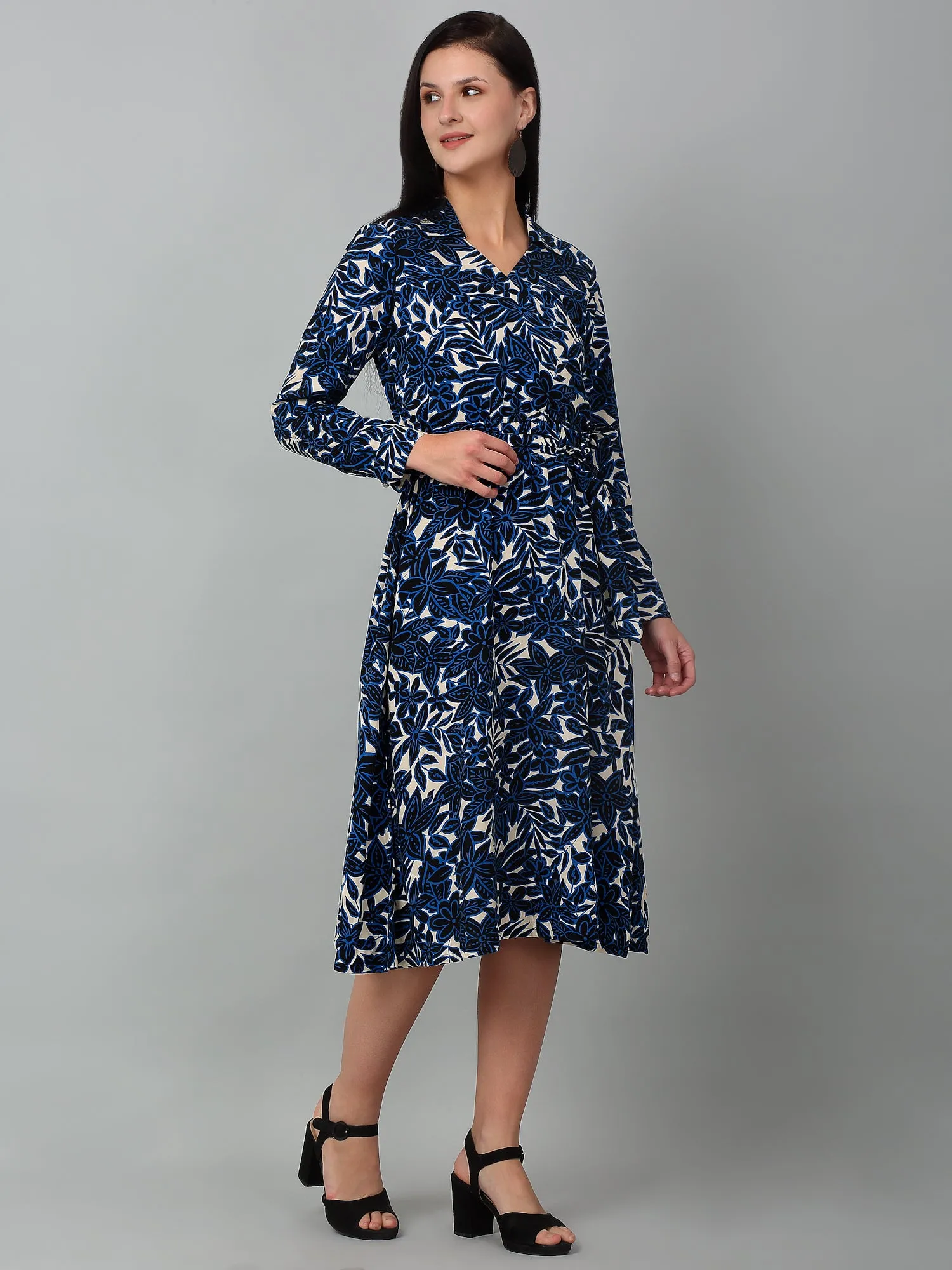 Women's Blue Floral Printed Full Sleeves Casual Dress