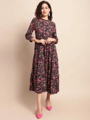 Women's Casual Mandarin Collar Black Floral Print Fit & Flared Dress