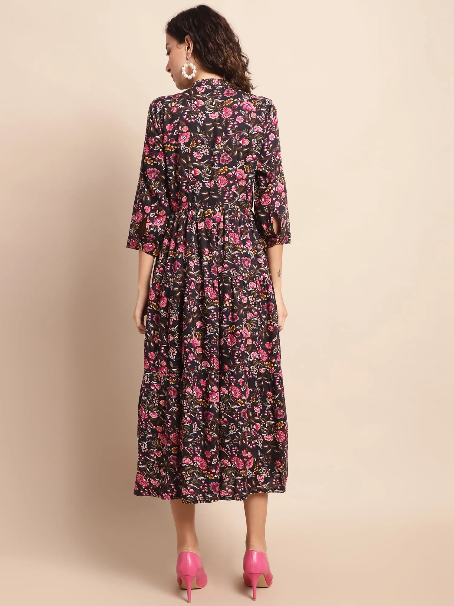 Women's Casual Mandarin Collar Black Floral Print Fit & Flared Dress