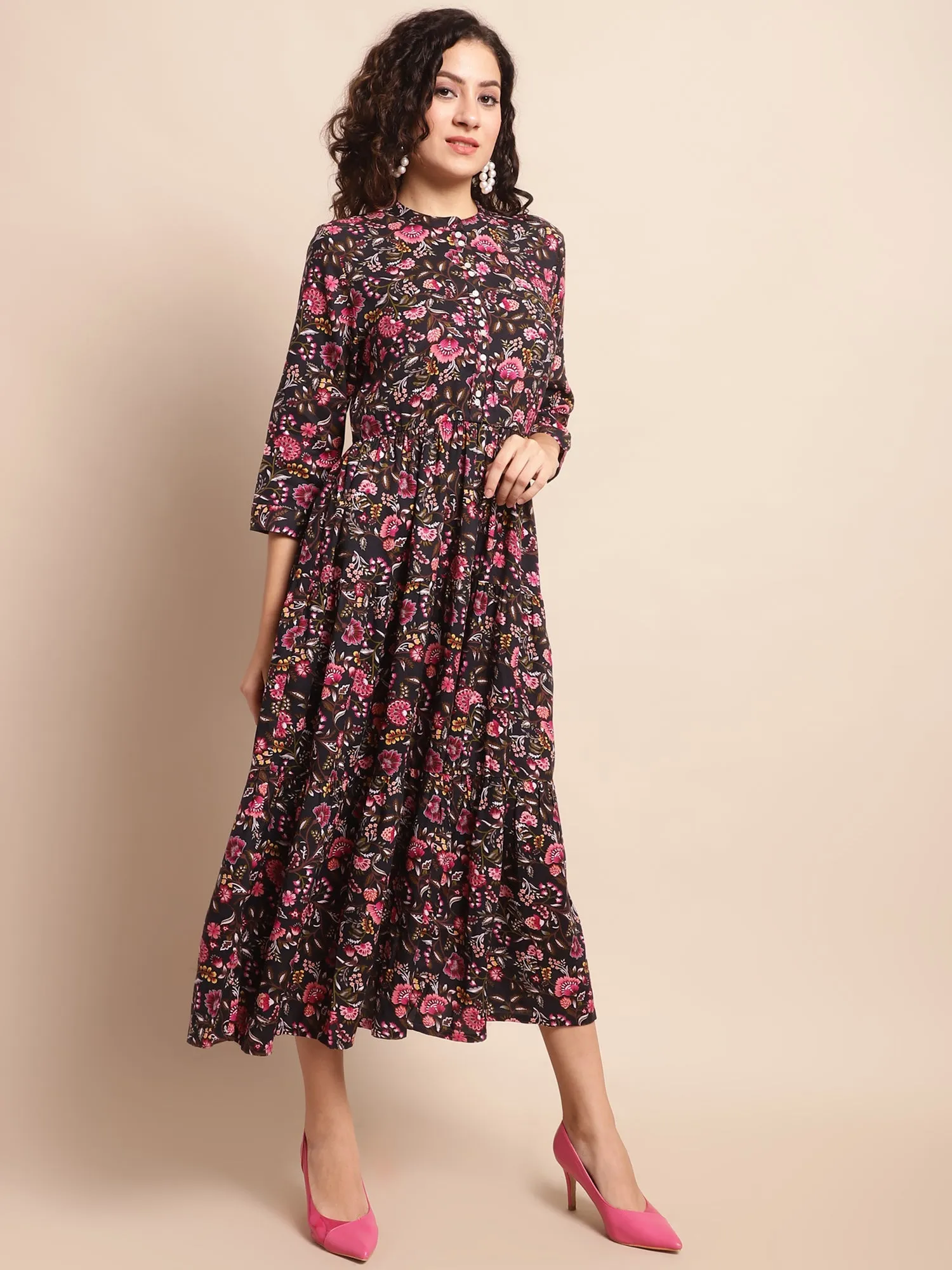 Women's Casual Mandarin Collar Black Floral Print Fit & Flared Dress