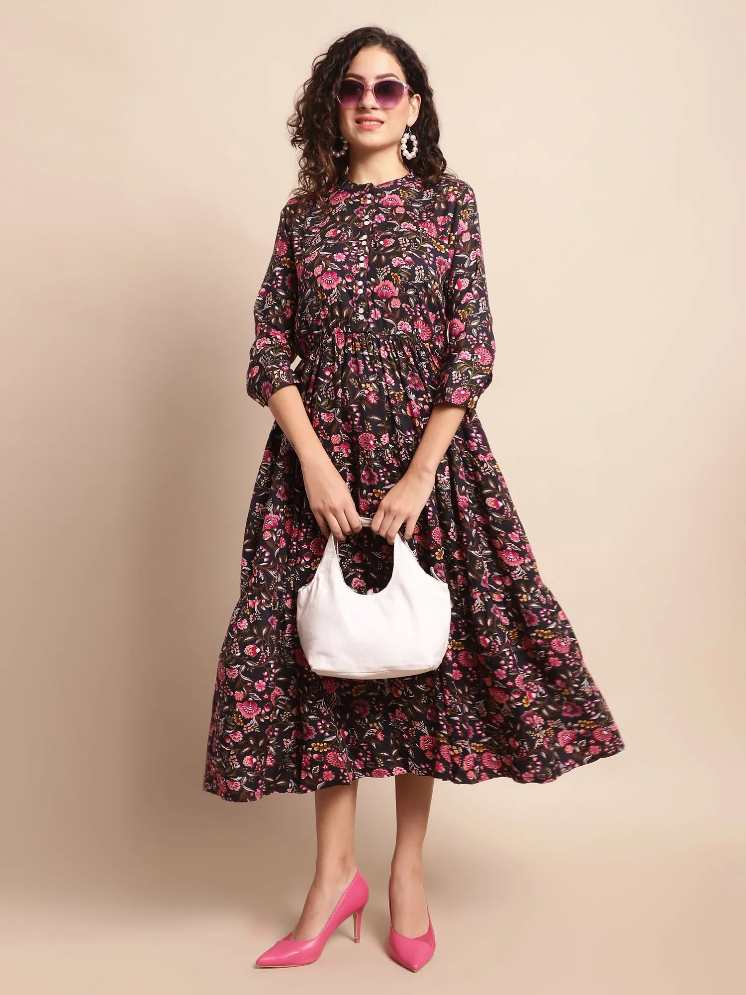 Women's Casual Mandarin Collar Black Floral Print Fit & Flared Dress