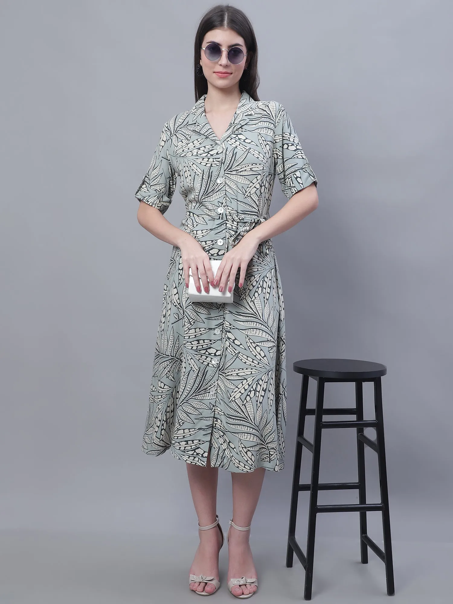 Women's Casual Spread Collar Light Green Floral Print Shirt Dress