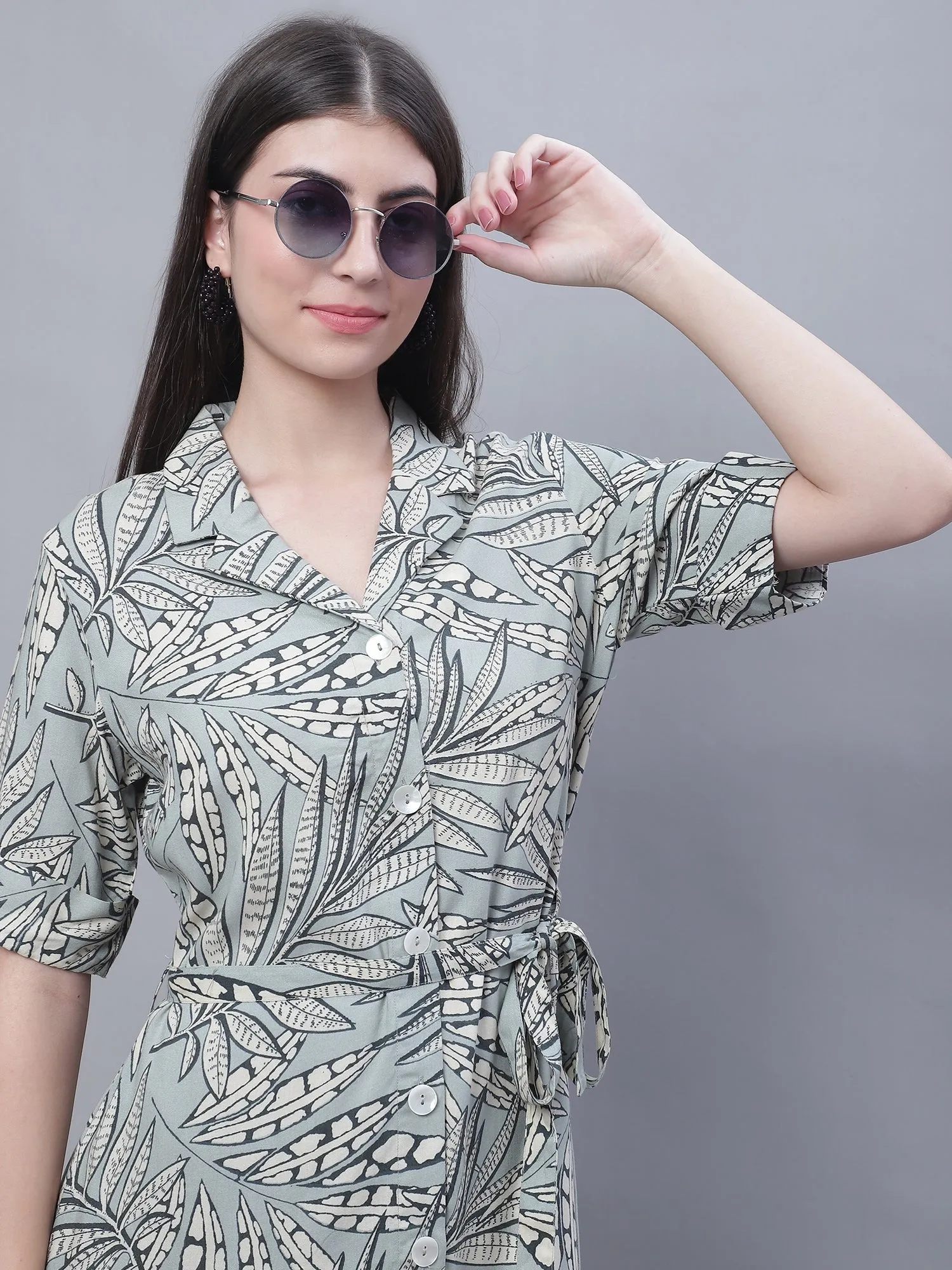 Women's Casual Spread Collar Light Green Floral Print Shirt Dress