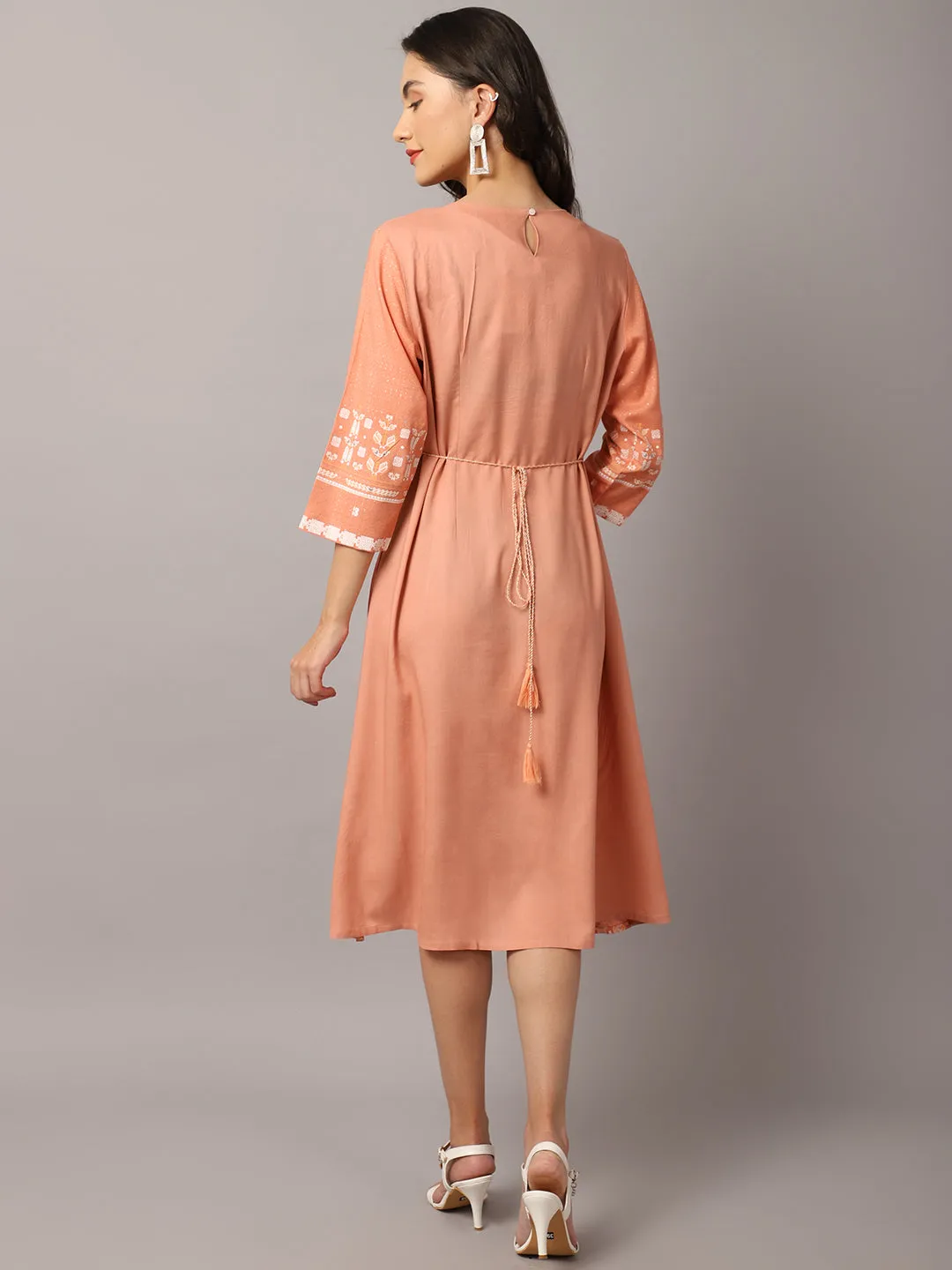 Women's  Round neck Peach Geometric Print Flared Dress